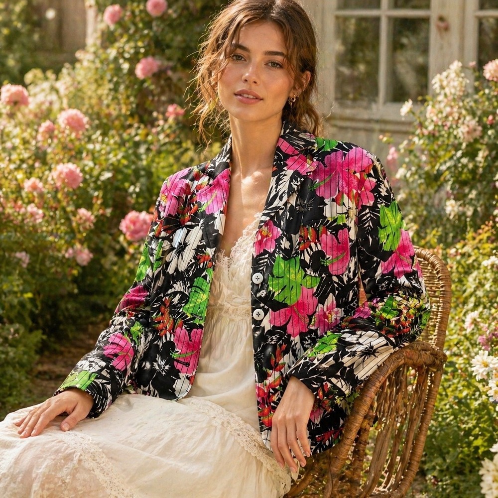 Harve Benard Tropical Floral Print Blazer Bold Vintage Jacket Padded Lined 90s 8